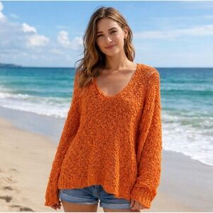 Free People Sunday Shore Sweater Orange Chunky Open Knit Pullover XS